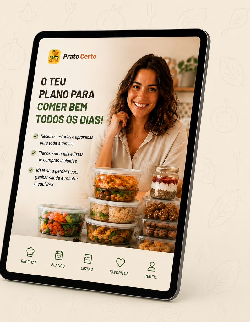 Aplicação Prato Certo num tablet, com plano de refeições e receitas