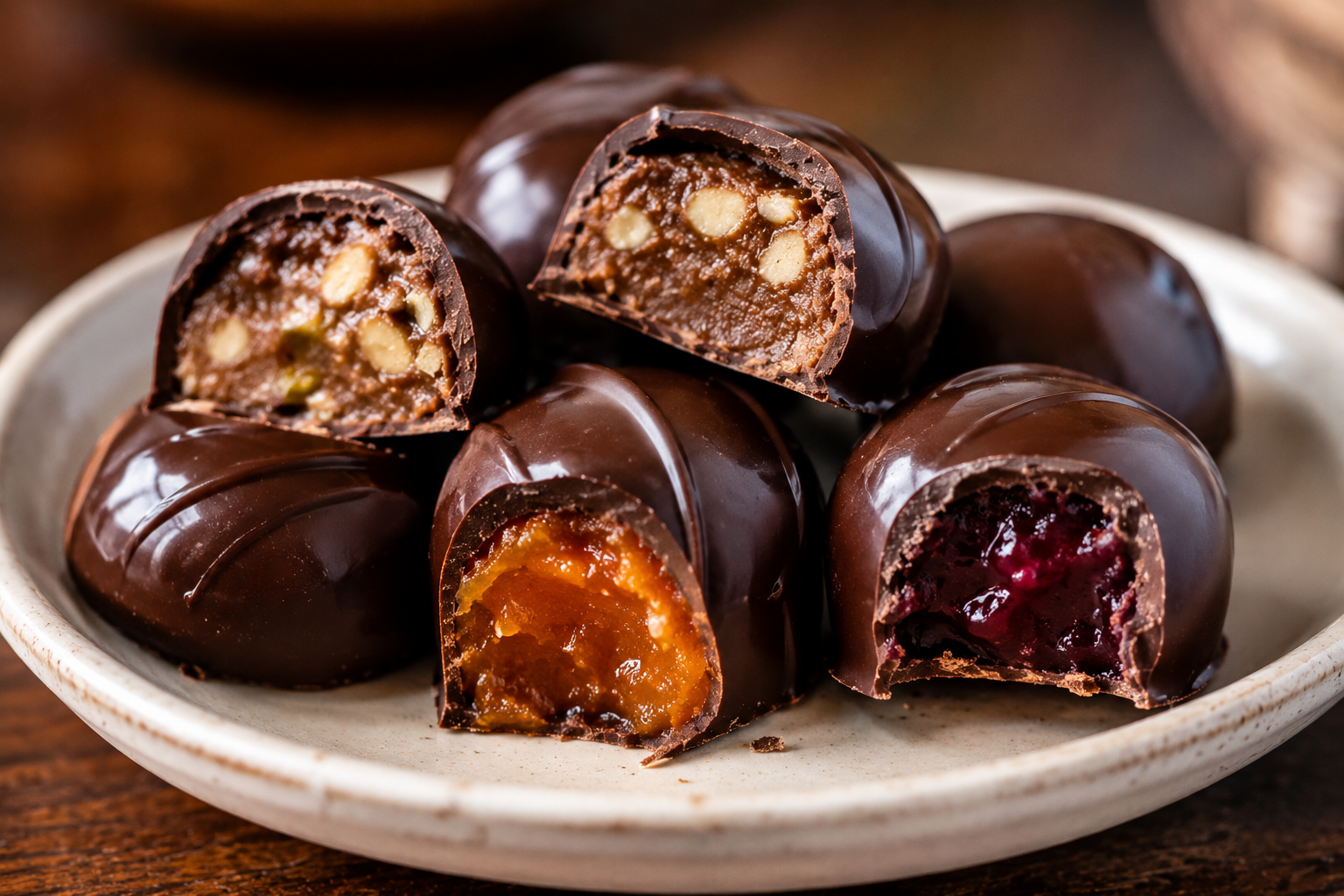 Bombons de chocolate com recheio de fruta
