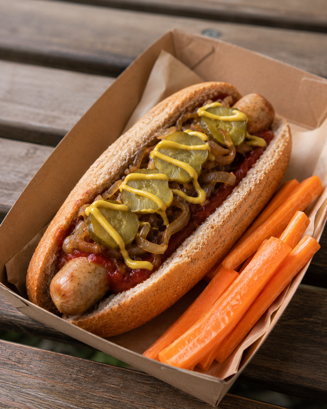 Cachorro quente de salsicha de aves com pão integral